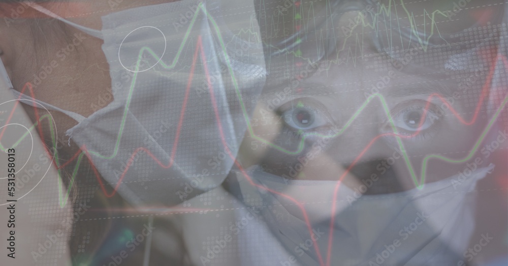 Poster digital illustration of two people with masks over data processing and statistics