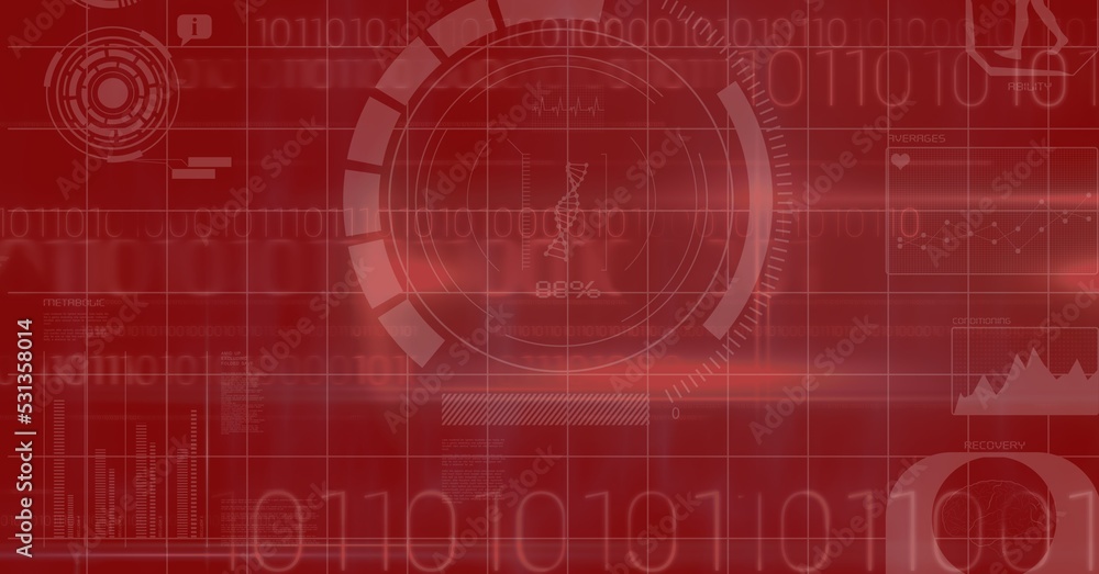 Poster digital illustration of a scope scanning, data processing, statistics showing on red background