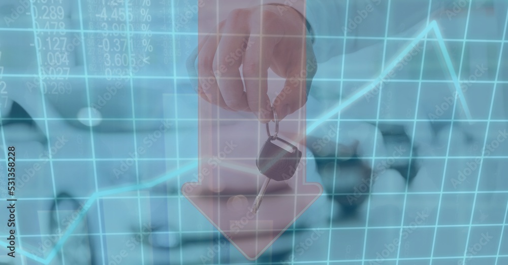 Poster graph and red arrow going down with hand holding key car in background
