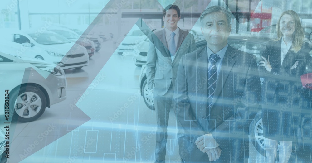 Poster data processing and red arrow going down with car dealships in background