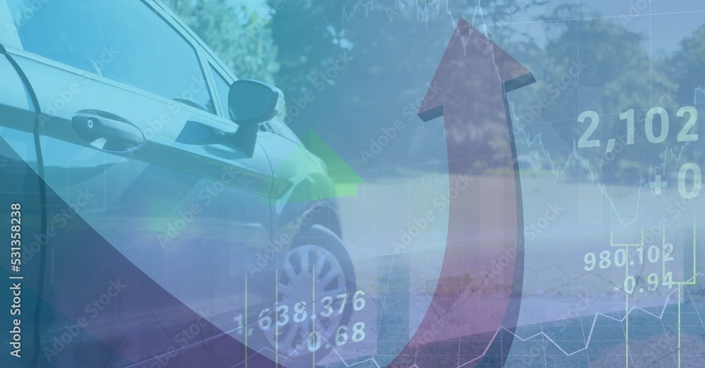 Poster Data processing and red arrow going up with car in background