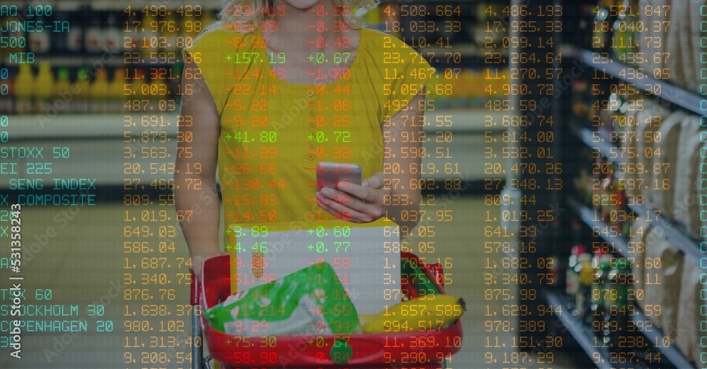 Aufkleber caucasian woman doing errands in astore shelf using her phone and pulling cart over data processing