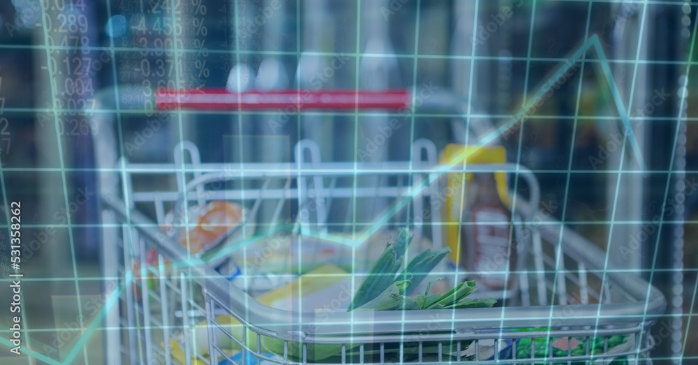 Poster a cart filled up with errands in a store shelf over a green grid