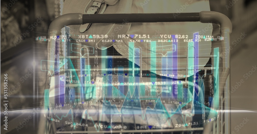 Aufkleber caucasian hands pulling a cart in a store shelf over statistics in a grey background