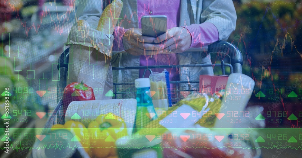Poster caucasian woman doing errands in a store shelf using her phone and pulling cart over data processing