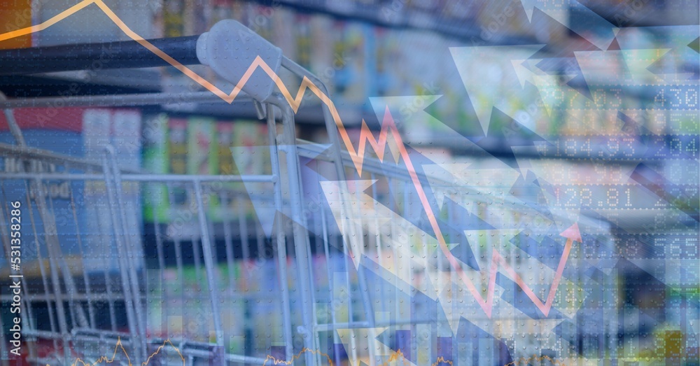 Poster cart filled up with errands in a store shelf over multiple statistics arrow increasing