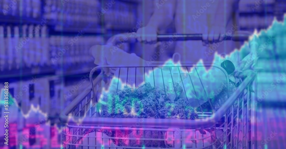 Poster caucasian woman doing errands in a store shelf over statistics in a colorful background