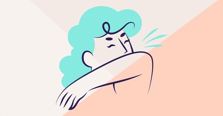 Digital illustration of a woman sneezing into her elbow During coronavirus covid19 pandemic