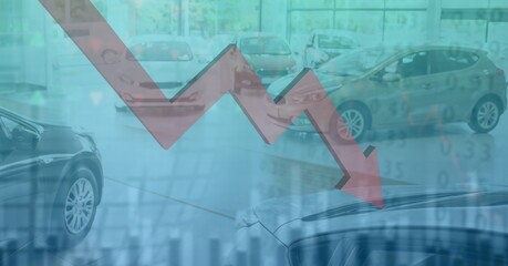 Cars parked over a red statistic arrow decreasing in a blue background