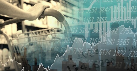 Caucasian hands pulling a cart in a store shelf over a flight and statistics