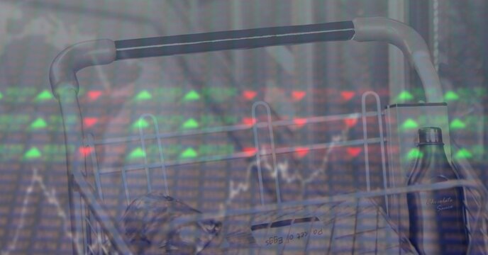 Cart in a store shelf over statistics in a grey background