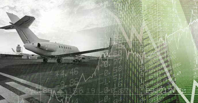 Flight landed over statistics in a green background