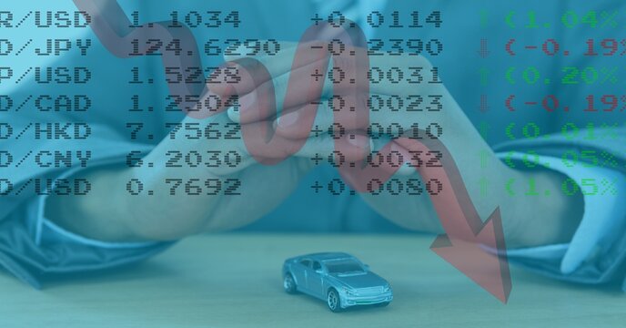 Caucasian male crossing fingers over a red statistic arrow decreasing ans statistics