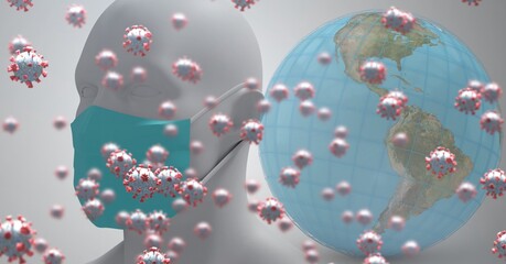 Covid-19 cells and globe against 3D human head model wearing face mask