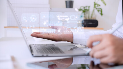 Advisor using KPI Dashboard on virtual screen.Business finance data analytics graph.Financial management technology.