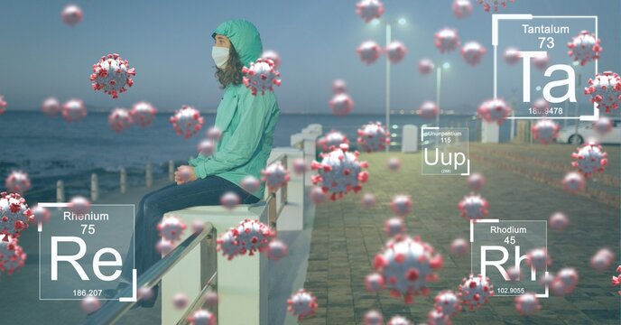 Covid-19 cells and chemical elements against woman wearing face mask sitting on promenade