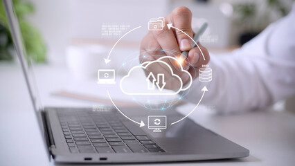 Cloud service technology concept with digital data storage icons.