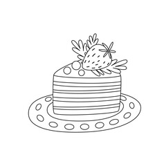 Doodle Icon fruit biscuit cake with strawberry. Image Happy Birthday cake flat vector cartoon illustration, clipart.