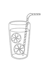 Fresh lemonade in the glass with lemon and straw in doodle style. Flat vector cartoon illustration, clipart.