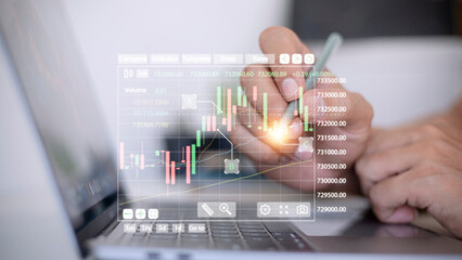Business finance investment background, businessman or finance analyst working in office, monitoring with trading graph marketing report on virtual screen, business intelligence and technology concept