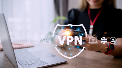 VPN secure connection concept. Person using Virtual Private Network technology to create encrypted...