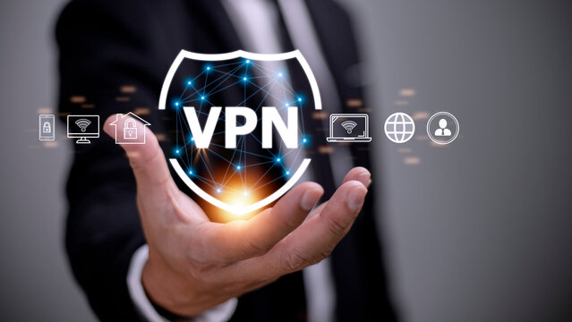 VPN secure connection concept. Person using Virtual Private Network technology to create encrypted tunnel to remote server on internet to protect data privacy or bypass censorship