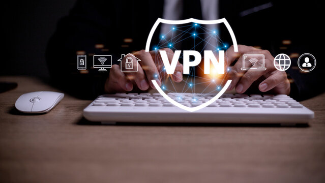 VPN secure connection concept. Person using Virtual Private Network technology to create encrypted tunnel to remote server on internet to protect data privacy or bypass censorship - Powered by Adobe