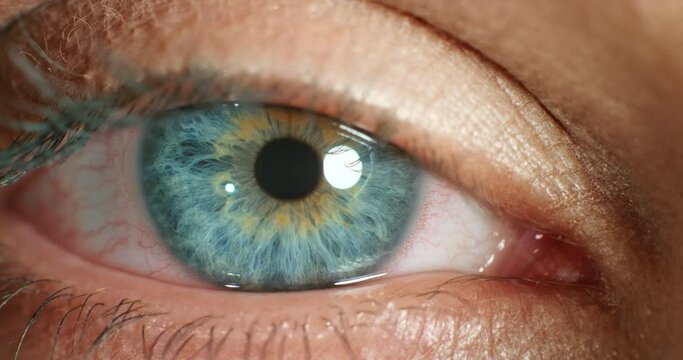 Blue eyes, dilating pupil or contact lens on a woman for vision improvement, optometry and human anatomy. Closeup, zoom or macro detail for awareness, eyesight and natural color iris of a person