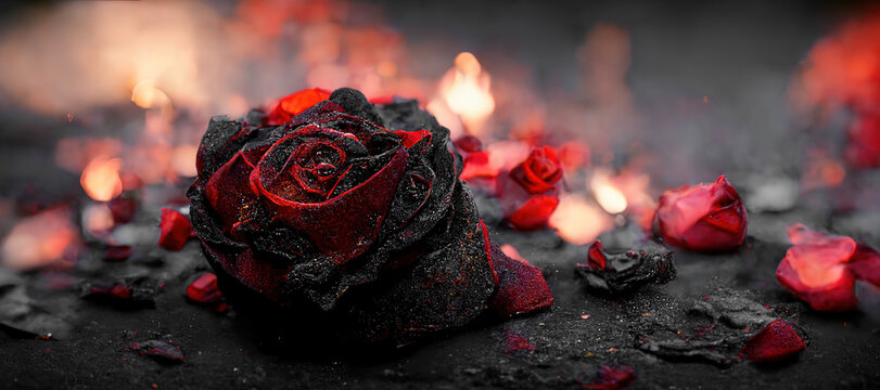 Heartbroken concept by spectacular half burnt rose leaving some into black ashes and embers. Digital art 3D illustration. Bright magenta aura.