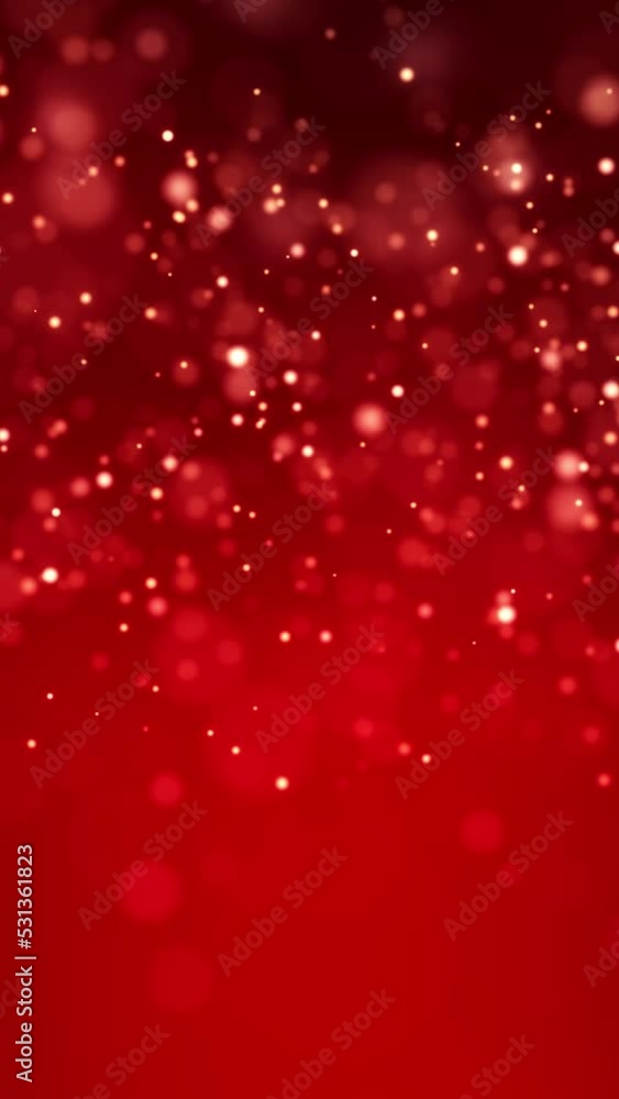 Poster video animation of golden light shine particles bokeh over red background - abstract particles backg