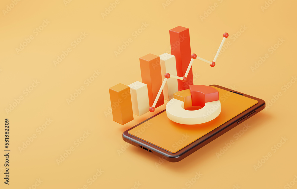 Poster financial data analysis and business growth with pie chart and bar graph smartphone on yellow backgr
