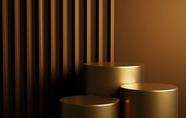 Cylindrical gold podium base luxury on abstract gold background.