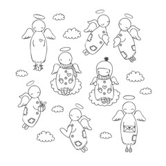 Set of cute doodle angels in the sky with clouds, cartoon vector illustration, black outline
