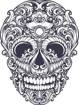 Classic luxury skull head ornament monochrome Vector illustrations for your work Logo, mascot merchandise t-shirt, stickers and Label designs, poster, greeting cards advertising business company