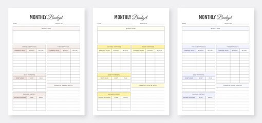 Monthly Budget Planner. Weekly and Monthly Budget Planner Template. Financial Planner Template Design. Business Organizer Page. 3 Set of Minimalist Planners. Printable Budget Tracker Design. - obrazy, fototapety, plakaty