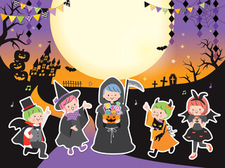 ハロウィンの仮装を楽しむ子ども達のイラストセット