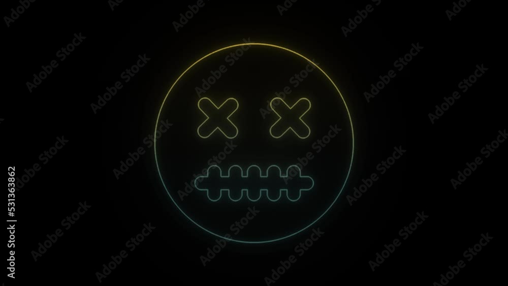 Poster glowing neon dead face icon on black background. reflection of emotions. 4k video animation for moti