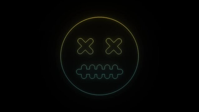Glowing neon dead face icon on black background. reflection of emotions. 4K video animation for motion graphics and compositing.