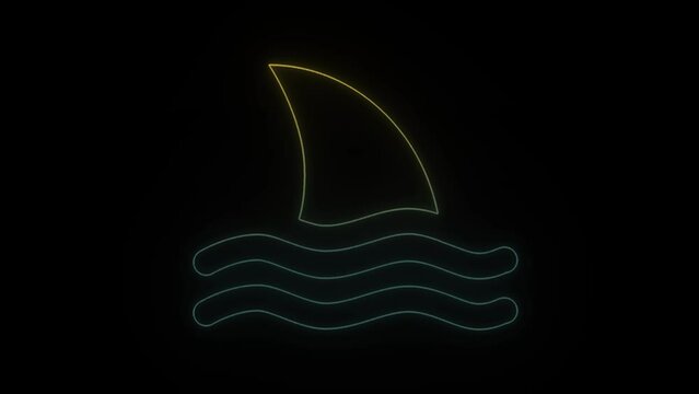 Glowing neon shark fin icon on black background. shark on the beach. 4K video animation for motion graphics and compositing.