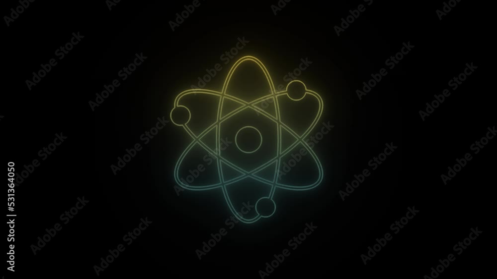 Poster glowing neon atom icon on black background. physical experiments. 4k video animation for motion grap