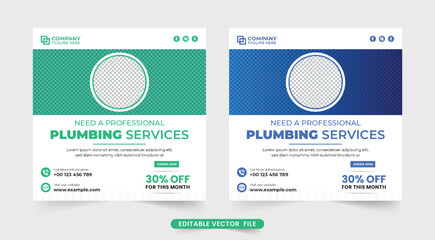 Professional plumbing service social media post vector for business advertisement. Corporate Plumber and handyman web banner template with blue and green colors. Plumbing business marketing template.
