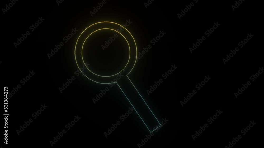 Poster Glowing neon magnifying glass icon on black background. consideration of the map. 4K video animation for motion graphics and compositing.