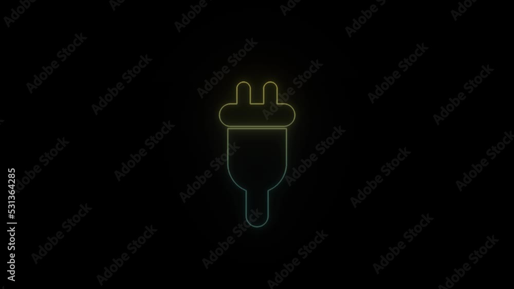 Poster glowing neon plug icon on black background. electrical appliance connection. 4k video animation for 