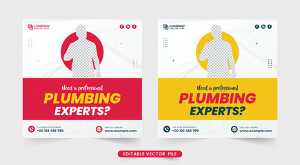 Naklejka premium Modern plumbing business social media post vector with red and yellow colors. Home maintenance and plumber business promotional web banner vector with a photo placeholder. Handyman hiring template.