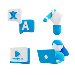 3D icons related to online learning and education. Includes symbols such as media devices and online education.