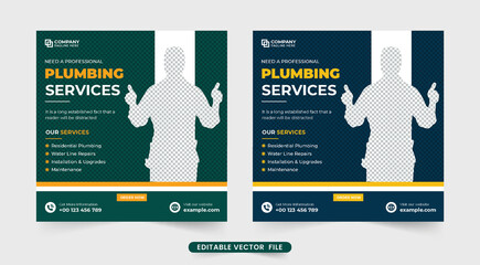 Modern plumbing service and Handyman hiring web banner with blue and green colors. Plumber business promotional template design for social media marketing. Professional plumber business template.