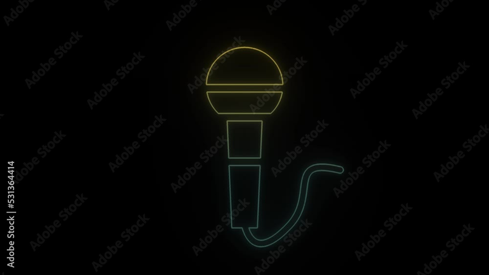 Poster glowing neon microphone icon on black background. public speaking. 4k video animation for motion gra