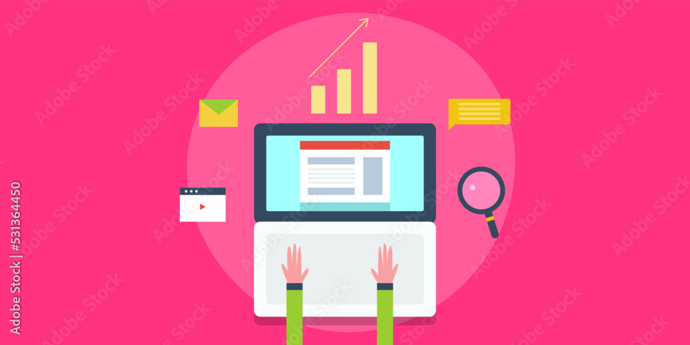 Aufkleber digital business analytics concept. hand on laptop and website on screen with data analytics and mar