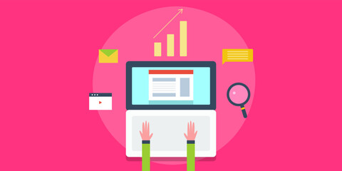 Digital business analytics concept. Hand on laptop and website on screen with data analytics and marketing elements.