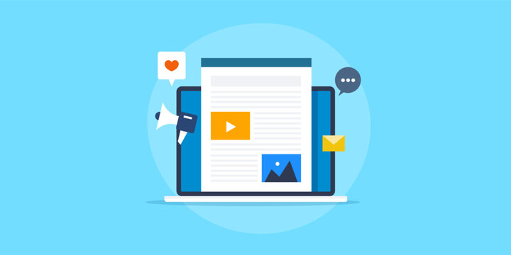 Content marketing, website on laptop screen with branded message, social media communication concept.